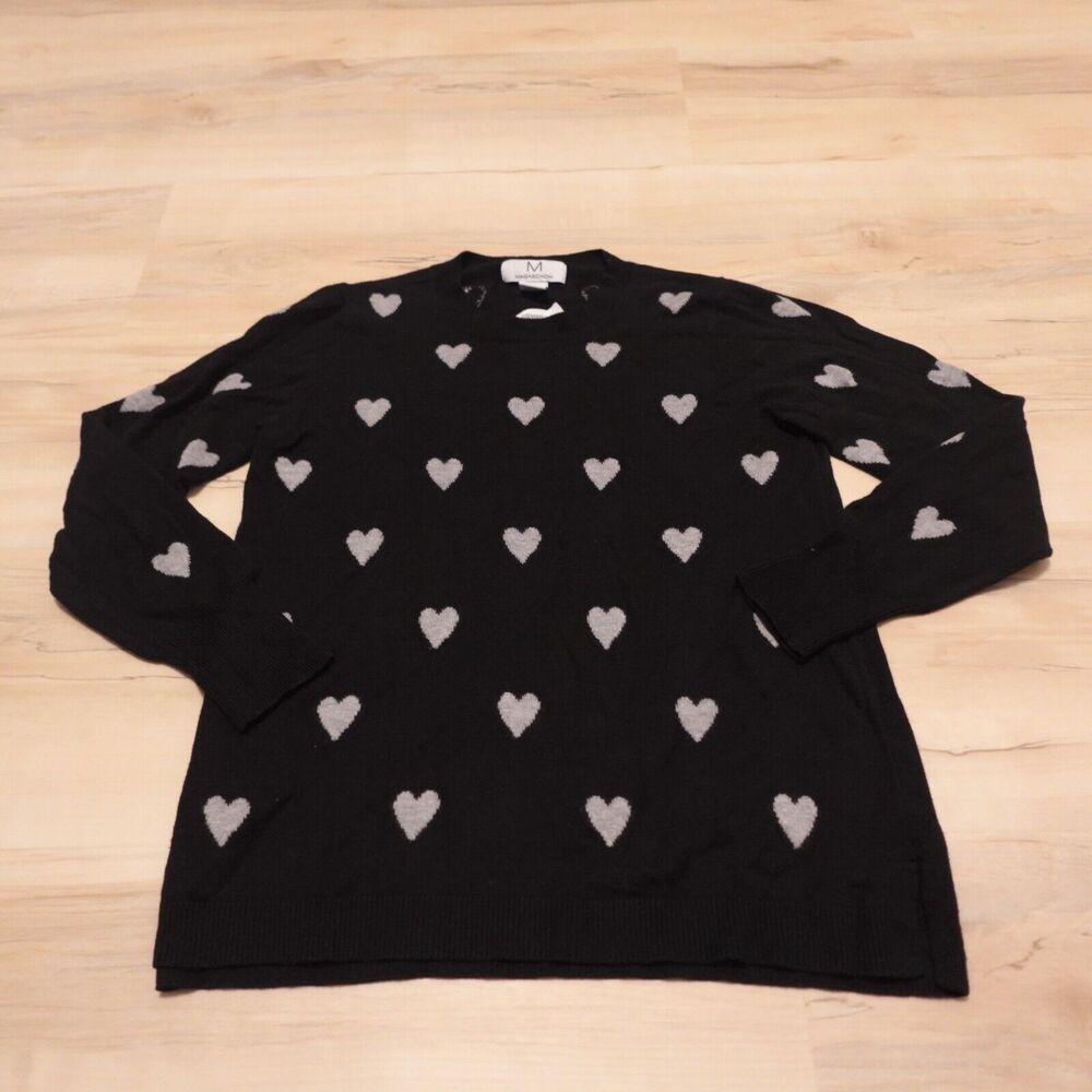 M Magaschoni Women M Sweater Black Gray Heart Print Pullover Stretch Knit‎